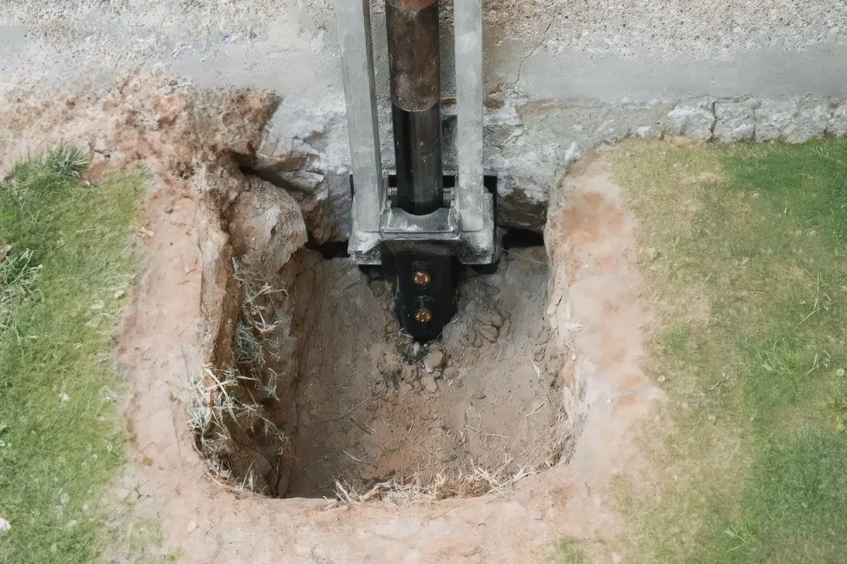 Piering equipment installing a pier into a dirt hole.