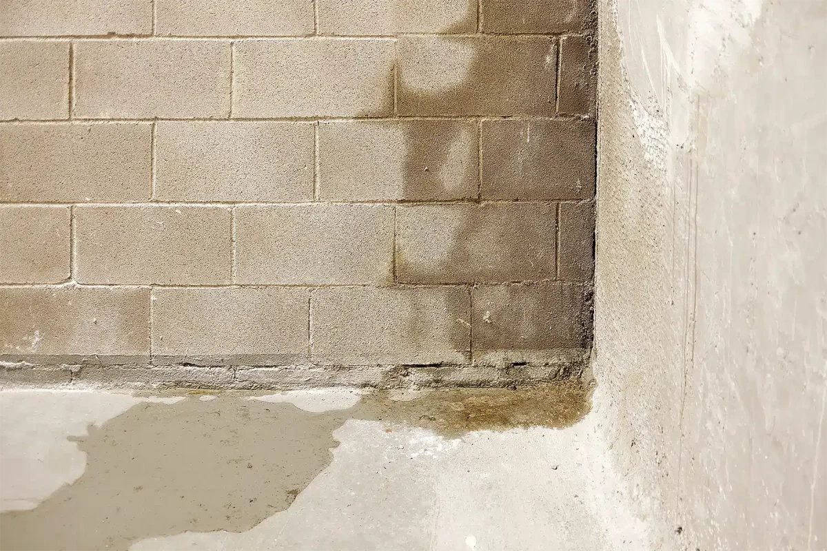 A concrete brick wall is experiencing moisture damage in the corner of a basement.