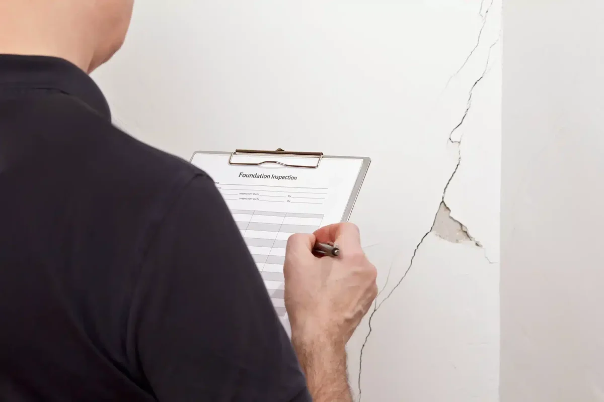 A man examines a crack in the wall, holding a clipboard.